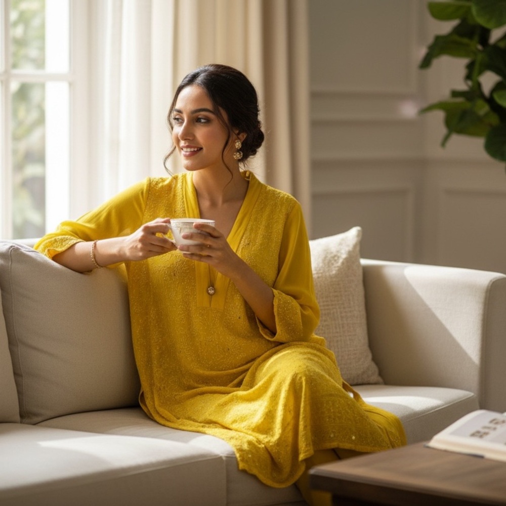 🧡 Golden Mustard Embroidered Ethnic Dress Indian 🧡